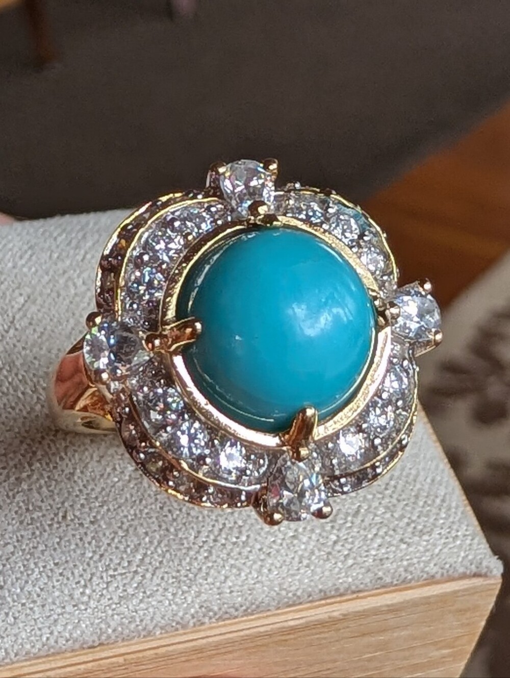 Sleeping Beauty Turquoise Halo 925 Sterling Silver Gold Plated Cocktail Ring, 7